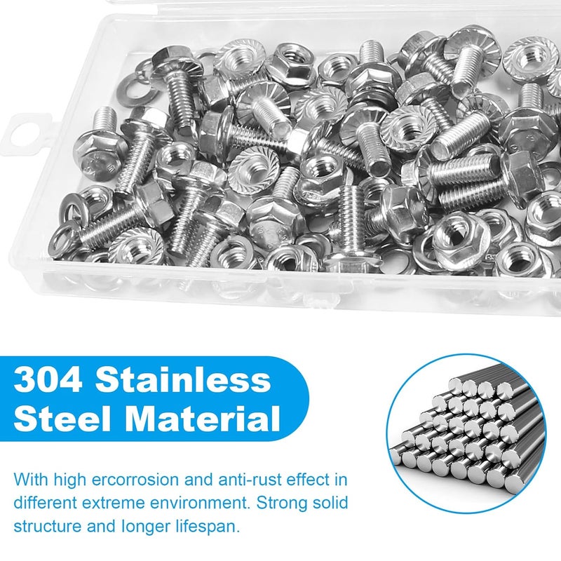 Yinpecly 25 Sets M6-1.0 x 16mm Flanged Hex Head Bolts Kits, M6 Flange Hexagon Screws and Nuts,Flat & Spring Lock Washers,18-8 (304) Stainless Steel,Metric Bolt Assortment, Fully Threaded - Image 4